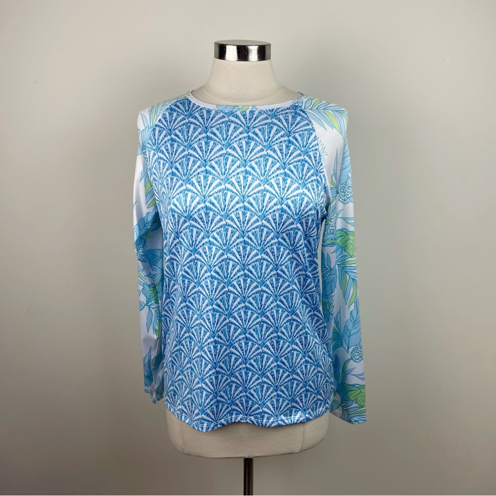 Stella Parker Blue Green White Floral Tropical Long Sleeve Lightweight Sun Shirt